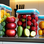 A brightly lit, modern Malaysian kitchen scene with focus on reusable food storage containers filled with colorful local fruits and vegetables like rambutan and starfruit.