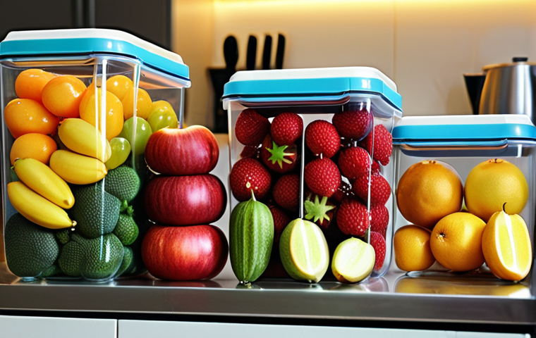 A brightly lit, modern Malaysian kitchen scene with focus on reusable food storage containers filled with colorful local fruits and vegetables like rambutan and starfruit.