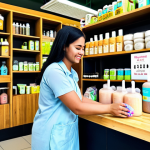 ** A vibrant, colorful zero waste refill shop in Shah Alam, Malaysia. Focus on Puan Aisyah assisting a customer, with shelves stocked with bulk shampoo, soap, and cleaning supplies. Emphasize the friendly, community atmosphere and eco-friendly products.

**