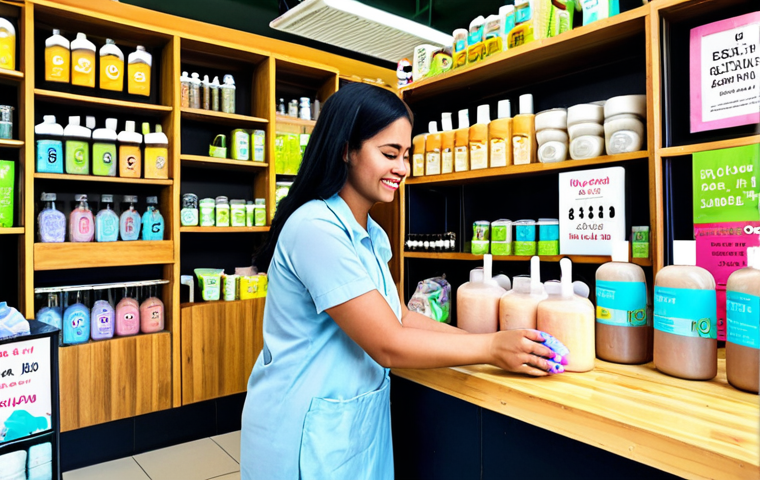** A vibrant, colorful zero waste refill shop in Shah Alam, Malaysia. Focus on Puan Aisyah assisting a customer, with shelves stocked with bulk shampoo, soap, and cleaning supplies. Emphasize the friendly, community atmosphere and eco-friendly products.
**
